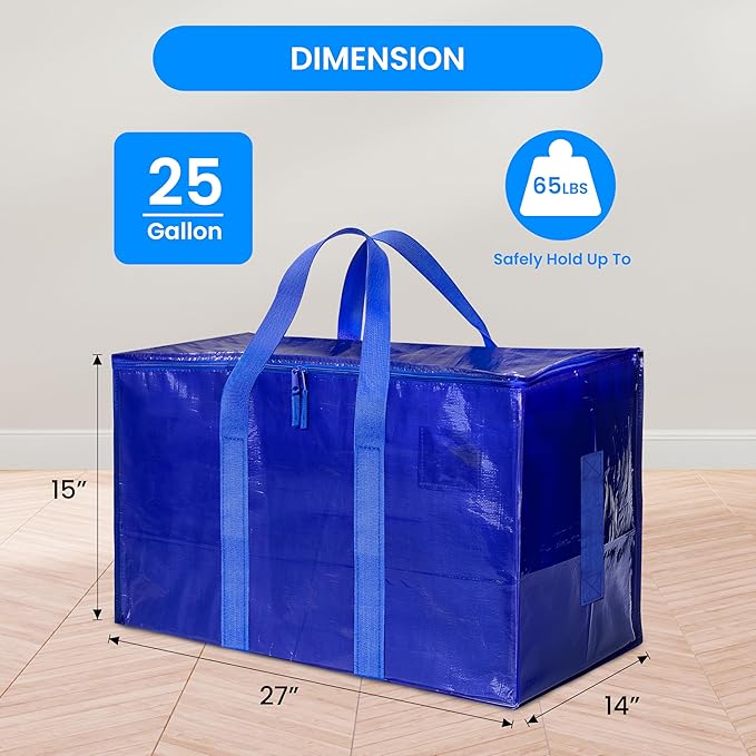 Simple Deluxe 4 Pack Moving Bags, Heavy Duty Storage Totes with Lids, Sturdy Handles& Zipper, Moving Boxes Alternative, Extra Large, for Clothes Packing, Moving Supplies, Blue