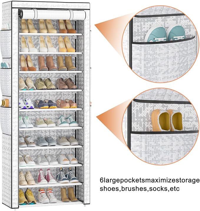 OYREL Shoes Rack 10 Tier Tall Shoe Rack with Storage Pockets, Fabric Covered Shoe Racks,Metal Shoes Rack Organizer for Closets,Bedroom, Garage