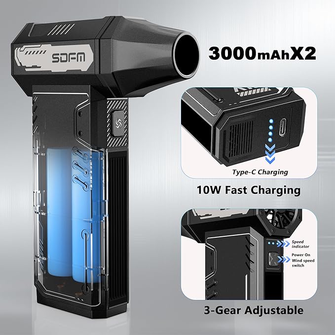 SDFM Compressed Air Duster - 180,000 RPM Snow Blower - with Brushless Motor, 3-Gear Adjustable Air Duster - for Keyboard, PC, Car, Air Bed, and Home Cleaning (X15)