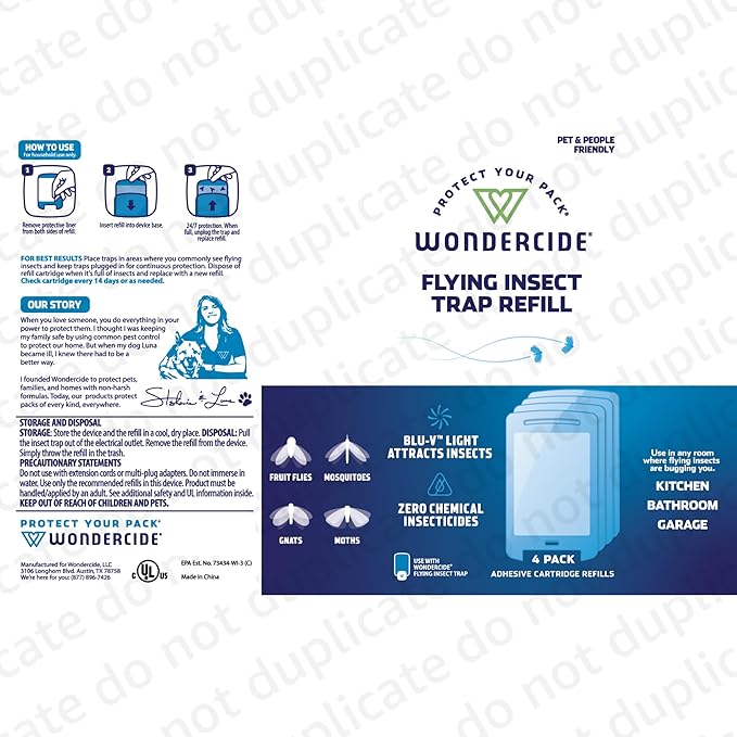 Wondercide - Flying Insect Fly Light Trap Cartridge Refills - No Device - Indoor Bug Catcher for House and Fruit Flies, Gnats, Moths, and Mosquitoes - 4 Pack