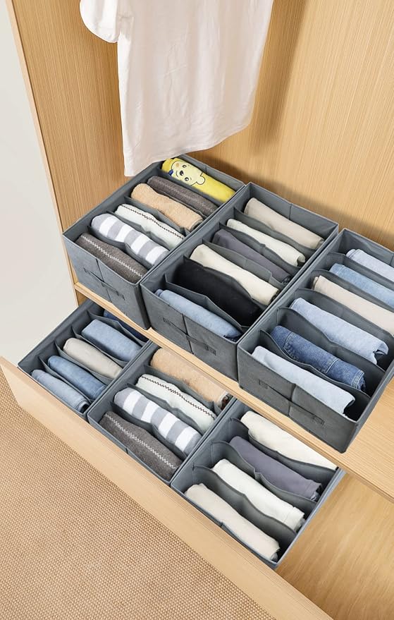 Fordonral Extra Large Clothes Closet Organizer 6 Compartments for Jean Sweater Sheets to Shirt - Divided Clothing Storage Boxes for Closet, Wordrobe, Bedroom, Shelf (4pc Gray)