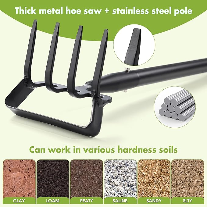 INFLATION Heavy Duty Metal Gardening Weed Puller Tool 4 Tines Prong 2-in-1 Herb Stripper Yard Rake for Women Kids Men Garden Grandpas Weeder 32-62 inch Long Adjustable Handle