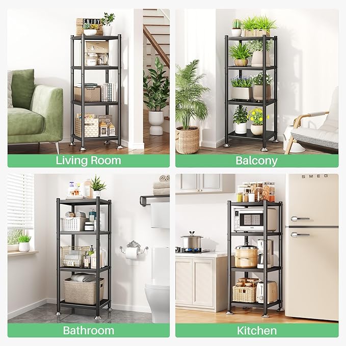 PXRACK Storage Shelves with Rolling Wheels, Adjustable 4 Tier Metal Shelving Unit for Storage Heavy Duty, Small Storage Rack Shelf for Corner of The Kitchen Bathroom Living Room Garage Office, Black