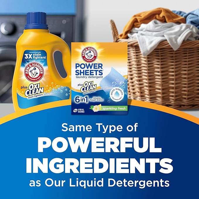 ARM & HAMMER Power Sheets Laundry Detergent Plus OxiClean Stain Fighters, 6in1, Sparkling Fresh Scent, 42 Count, 84 Medium Loads