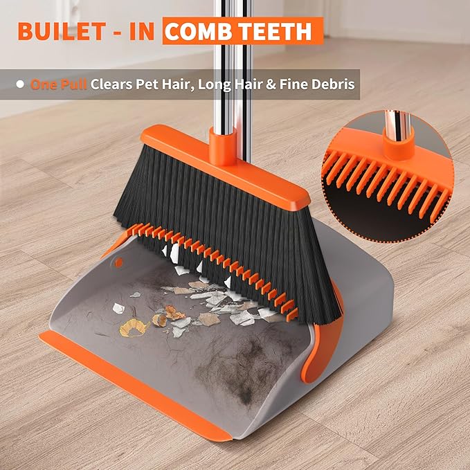 Upgraded Broom and Dustpan Set, 52" Long Handle Standing Combo with Self-Cleaning Teeth – Perfect for Pet Hair, Kitchen, Office, Home, Indoor & Outdoor Cleaning(Orange & Gray)
