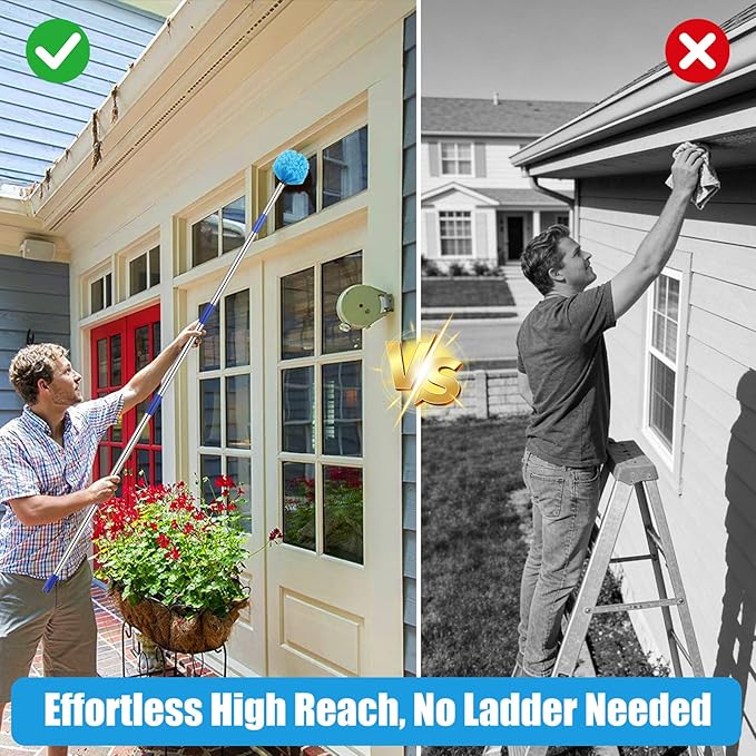 Cobweb Duster with Extension Pole - 10 FT Lightweight Stainless Steel Extendable Duster Ceiling Fan Duster for High Ceilings, Medium Stiff PET Bristle Spider Web Brush for Indoor/Outdoor Cleaning