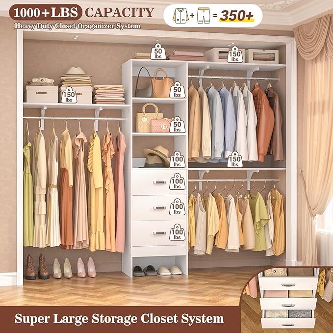 8FT Closet System, 96'' Closet Organizer System with 3 Hanging Rods, Wall Mount Bedroom Wardrobe with 3 Drawers Walk-in Closet, Adjustable Cloth Garment Rack from 5 to 8FT (Cut to Fit), White