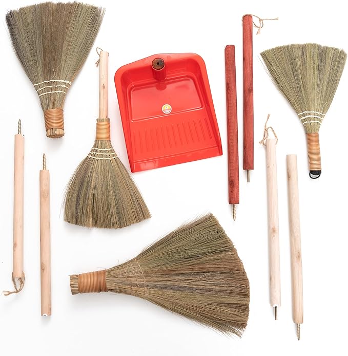 TTS Home Broom and Dustpan Set with 44.9'' Long Handle for Family, Kitchen, Office, and Lobby – 4-Pack Stand-Up Brooms with Dustpan Combo