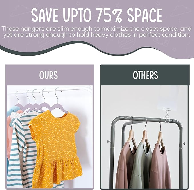 TechZoo 50 Premium Kids Velvet Hangers - 14'' Non-Slip, Ultra-Slim & Space-Saving Hangers - 360° Swivel Hook, Strong & Durable for Children & Preteens - Purple