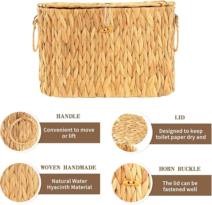 Toilet Paper Storage Basket, Water Hyacinth Toilet Paper Holder with Lid, Wicker Storage Basket with Built-in Handles for up to 6 Mega Rolls, Wicker Baskets Bathroom Accessories Organizer