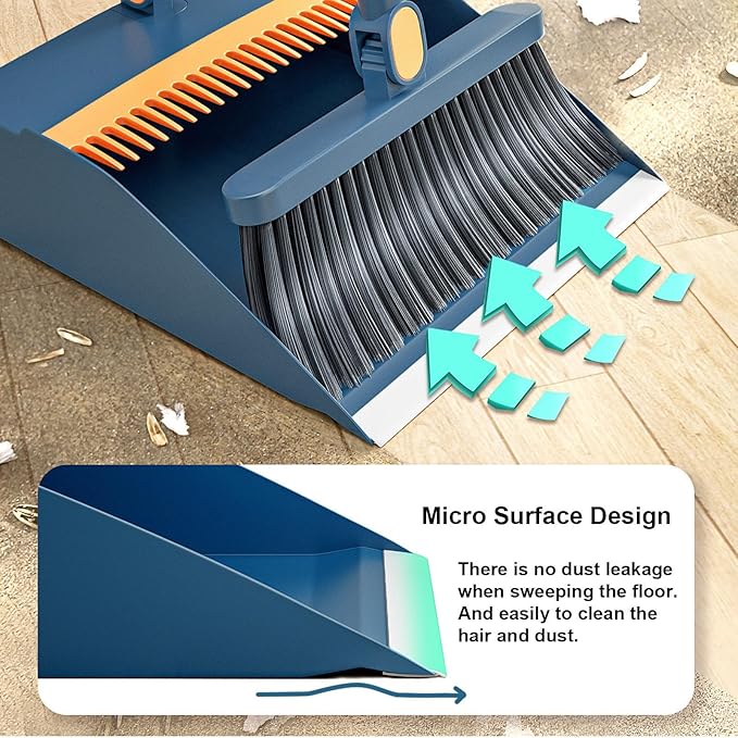 37.8in Broom and Dustpan Set Foldable Hand Broom for Home & Kitchen with Rotatable Standing Storage, Buckle Type Broom with Dustpan Combo Set Outdoor Brooms Cleaning Tool Apartment Essentials (Blue)