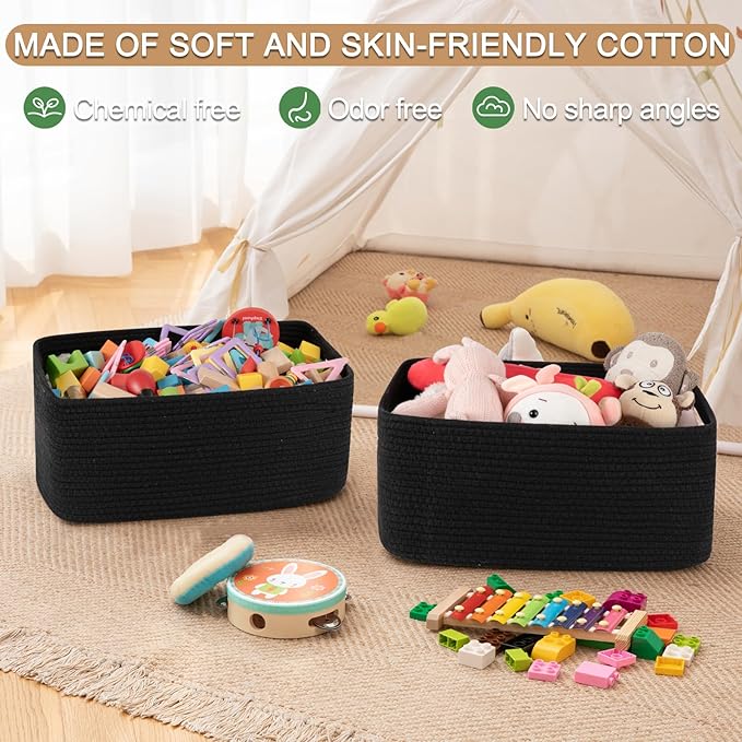 Large Storage Basket for Organizing, Woven Rope Basket for Shelves, Closet Organizer Bins for Clothes, Blanket, Toys, Baby Nursery Storage, 17.7" x 13" x 7.87", 2 Packs Black