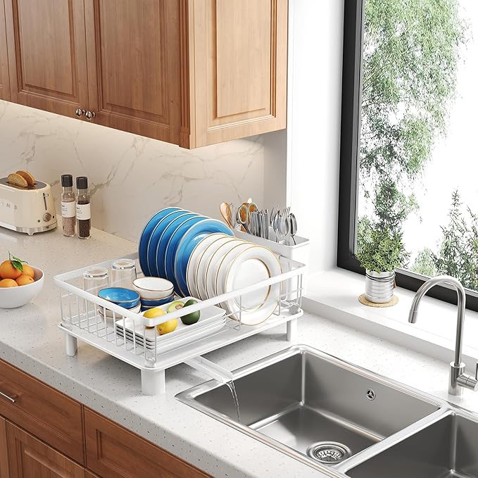 SNTD Dish Drying Rack - Small Dish Rack for Kitchen Counter, Stainless Steel Dish Drainer with Utensil Holder and Drainboard, 11" W x 15" L (White)