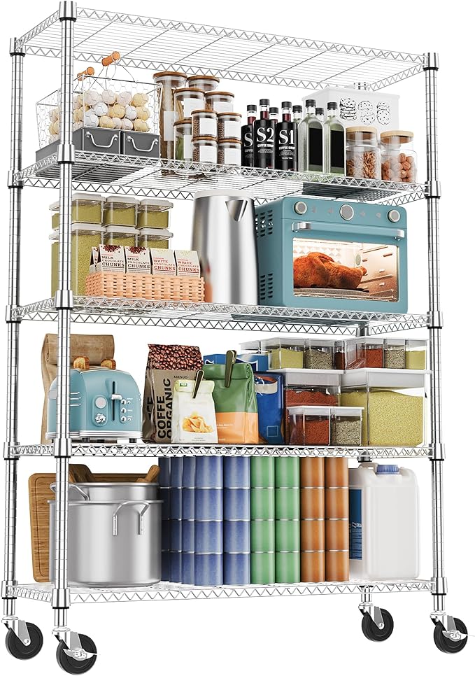 M MZG 1750LBS 47.2" W 5 Tiers Storage Shelves Metal Shelving Unit with Wheels Heavy Duty Garage Shelving Adjustable Wire Shelves for Pantry,Kitchen,Garage,Basement,Chrome 17.7" D x 47.2" W x 76.8" H