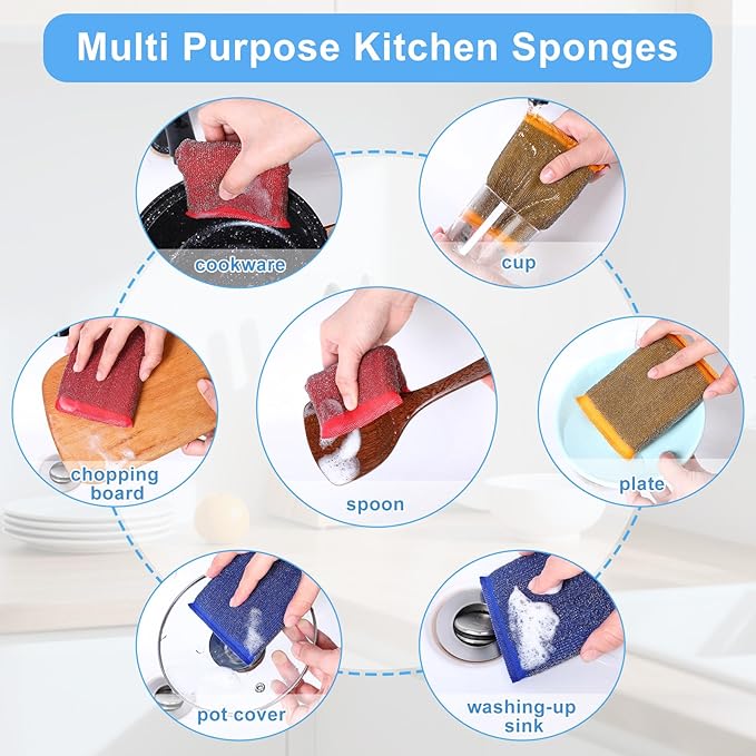 6 Pack Steel Wool Scrubber Sponges, Heavy Duty Stainless Steel Scouring Pads Reusable Non Scratch Metal Sponges Hand-Friendly Kitchen Cleaning Tool for Pots and Pans Tough Grease & Grime (3 Colors)