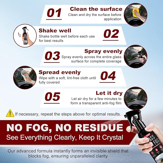 Anti Fog Spray for Glass & Windshield Defogger – 24H Long Lasting Prevention for Car, Mirrors, Windows, Goggles, Shower Door – Streak-Free & Instant Clear with Microfiber Towel, 120ml/4oz