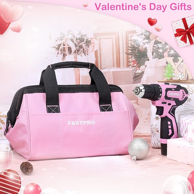 FASTPRO 175-Piece 12V Pink Drill Set, Cordless Lithium-ion Driver and Tool Kit, House Repairing Tool with 12-Inch Storage Bag, For DIY, Home Maintenance