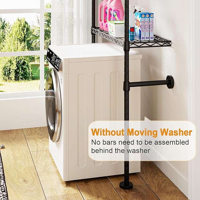 ULIFHOME U17 Wall-Mounted Over Washer and Dryer Storage Shelves, Without Moving Washer or Dryer Laundry Room Storage Rack with Hanger Rod, 35" W x 22" D x 86.2" H, Holds 352 lbs, Black
