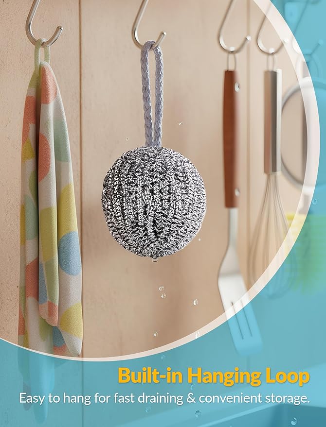 NiHome 10-Pack Steel Wool Scrubbers for Kitchen Cleaning, Stainless Steel Scourers with Hanging String, Reusable Rust-Resistant Scrubbers for Pots, Pans, Grill Racks, Sinks, Cast Iron