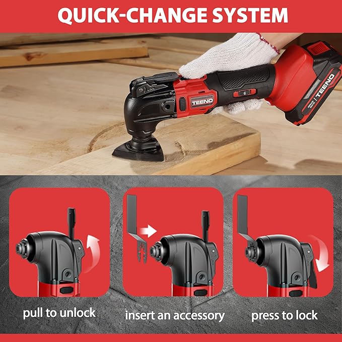 TEENO 20V Cordless Oscillating Tool with 2 Batteries, 4° Oscillation Angle Oscillating Saw, 6 Variable Speeds with Quick-Lock Change System, 26PCS Multitool Blades & Carrying Bag for DIY Projects