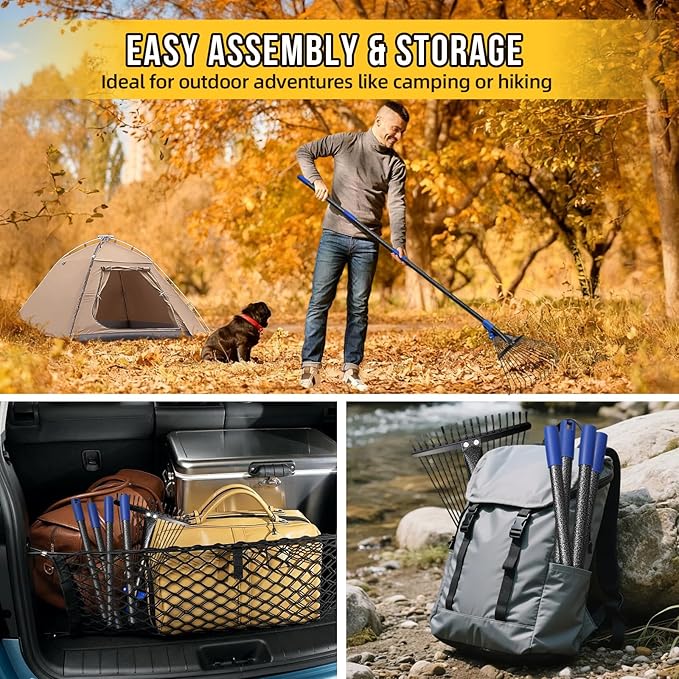Adjustable Leaf Rake, Heavy Duty Metal Rake for Leaves, Long Handle 30"-60" with Expandable Head 8"-17", Collapsible Small Rakes for Lawns, Gardening, Yard, Camping, Shrub, Grass, Bush, Weed, Debris