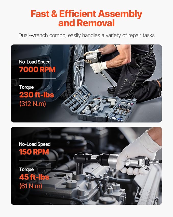 VEVOR 71 Pieces Pro Air Tool and Accessories Kit - 1/2" Air Impact Wrench, 3/8" Ratchet Wrench, 1/2" Die Grinder, 4500BPM Hammer, Blow Gun for Auto Repair, Home DIY Project - Storage Case Included