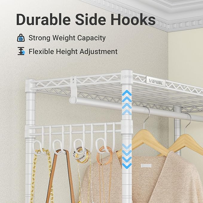 VIPEK R2 Heavy Duty Rolling Garment Rack 3 Tiers Adjustable Clothes Racks with Double Rods & Hooks, Freestanding Wardrobe Closet Storage Rack Metal Clothing Racks for Hanging Clothes, White