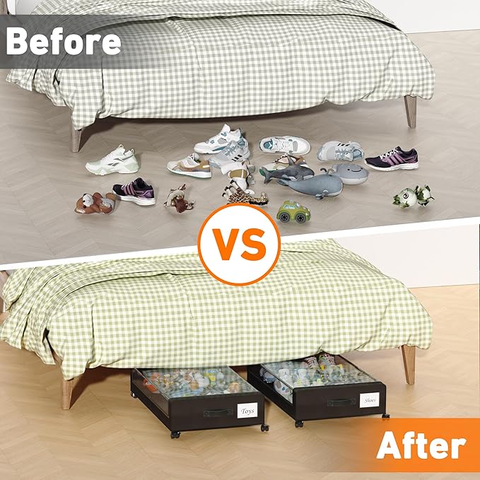 Under Bed Storage with Wheels, 2-Pack Under Bed Storage Containers with Clear Lids, XXL 60L Under the bed storage Organizer Bins, Rolling Under Bed Metal Drawer for Clothes,Shoes,Toys (Black, 2 Pack)
