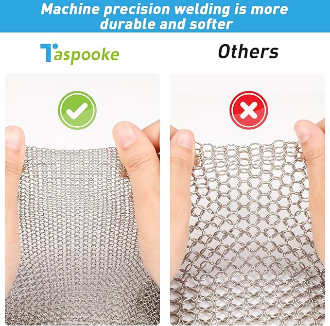 Cast Iron Cleaner and Chainmail Skillet Scrubber - 8''x6'' Upgraded 3.8mm Small Ring, 316L Stainless Steel Fine Rings - Durable Scraper for Skillets, Pans, Griddles & Containers