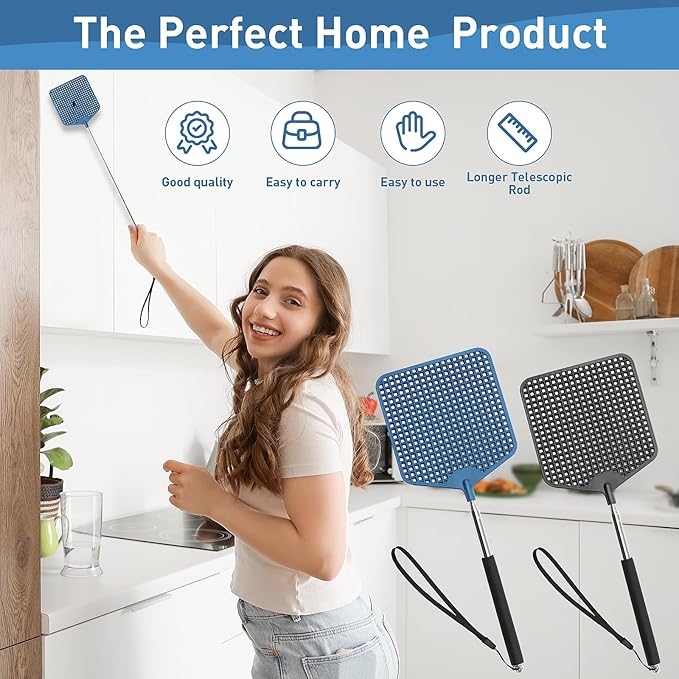 Telescopic Fly Swatters 2 Pack, Upgrade Plastic Flyswatter, Fly Swatter Heavy Duty for Indoor, Outdoor, Classroom, Stainless Steel Handle（Black, Blue）