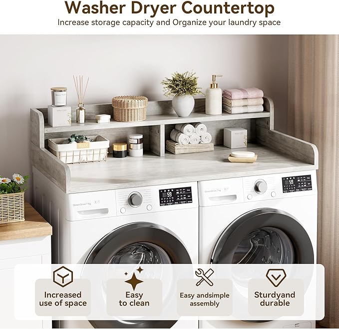 Garvee 54" Washer Dryer Countertop with 2-Tier Shelf, Wooden Laundry Countertop with Non-Slip Pad and Guard Rails, Washer and Dryer Topper for Laundry Room Organization