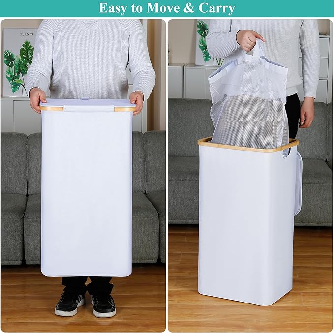 iEGrow 110L Laundry Hamper with Lid，Dirty Clothes Hampers for Laundry,Laundry Basket with Bamboo Handles and Removable Bag,Hamper for Bedroom, Bathroom, Dorm, Laundry Room, White