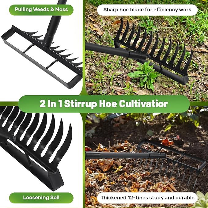 2 in 1 Hoe Garden Tool, 12 Tines Cultivators for Gardening, Weed Puller Tool with 76" Long Handle for Gardening, Weeding, Seeding, Ditching, Loosening