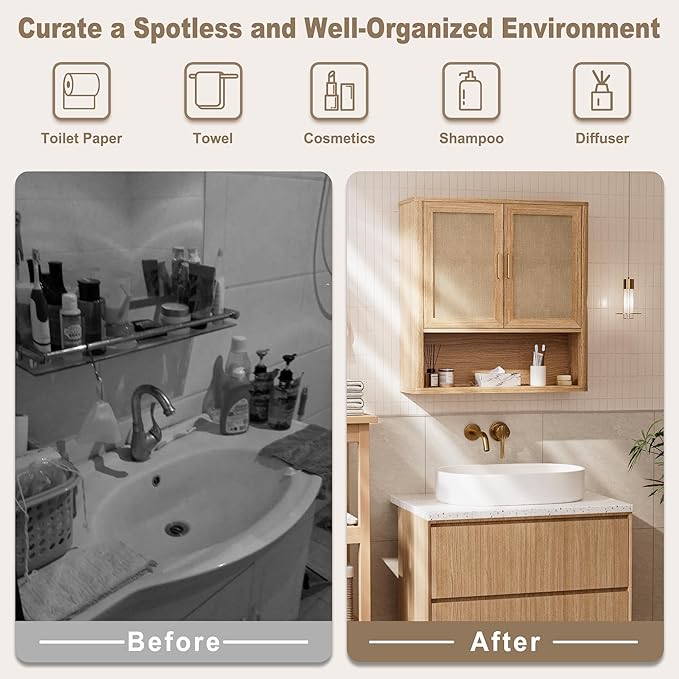 INNOD Rattan Bathroom Wall Cabinet with Open Compartments, Wall-Mounted Medicine Cabinet with Adjustable Wood Shelf & Doors, Over The Toilet Storage Cabinet for Laundry Room & Kitchen & Living Room