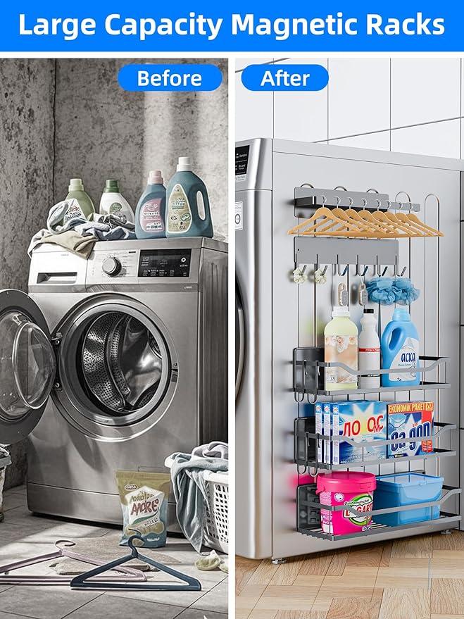 Multifunctional Magnetic Shelf for Washing Machine, Refrigerator, Microwave, and Any Metal Surface, Powerful Magnetic Shelves Include Magnetic Paper Towel Holder, Unique Hollow Design (5 pcs - Grey)