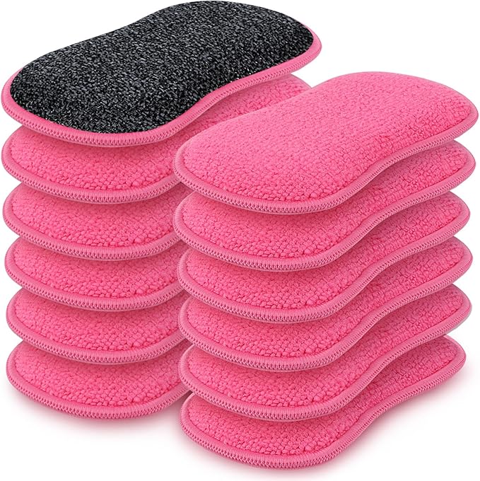 HOMEXCEL 12 Pack Multi-Purpose Scrub Sponges Kitchen Dish Sponge Non-Scratch Microfiber Sponge for Efficiently Cleaning Dishes Pots Pans Pink
