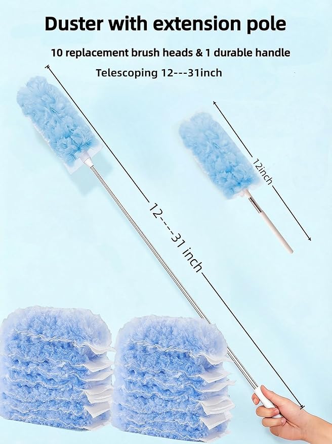 Heavy Duty Duster Refills, Disposable Dusters Kit for Cleaning Dusting Furniture Blind Ceiling Fan, Multi Surface 360 Feather Duster(10)+3FT Extended Handle（1） (Blue)