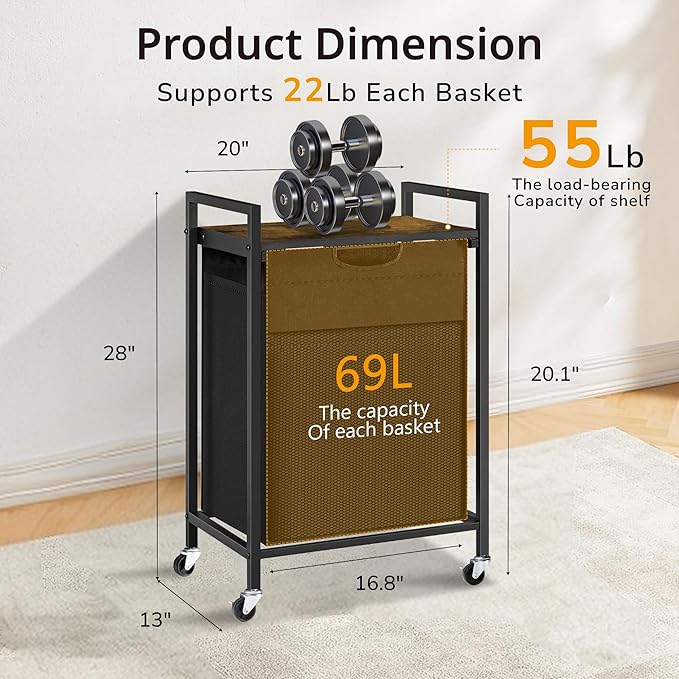 Laundry Hamper with Shelf, Laundry Basket with 1 Large Pull-Out Removable Bags, 1 x 18.3 Gallons(69L), Metal Frame, Lockable Wheels, for Laundry Room and Bedroom