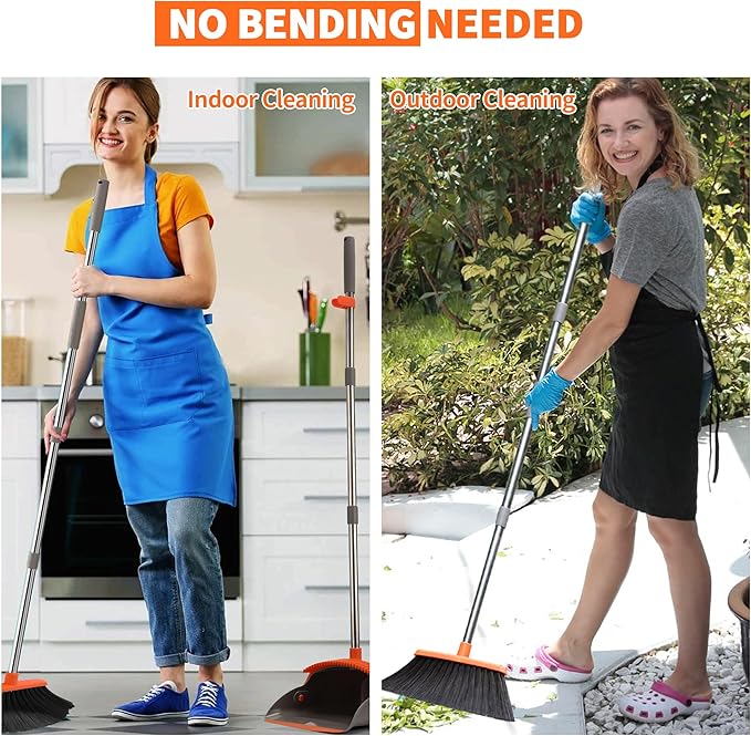 Upgraded Broom and Dustpan Set, 52" Long Handle Standing Combo with Self-Cleaning Teeth – Perfect for Pet Hair, Kitchen, Office, Home, Indoor & Outdoor Cleaning(Orange & Gray)