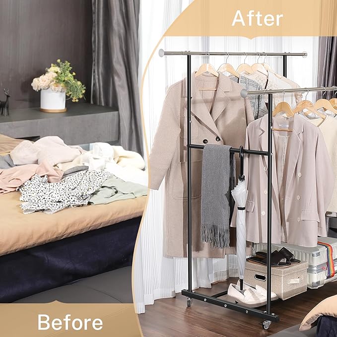 VICERII Clothes Rack, Double Clothing Rack with Wheels and Extra Wide Bottom Shelf, 52.36’’ Heavy Duty Garment Racks for Hanging Clothes, Coats, Shirts, Skirts, Dresses, 130LB Capacity, Black