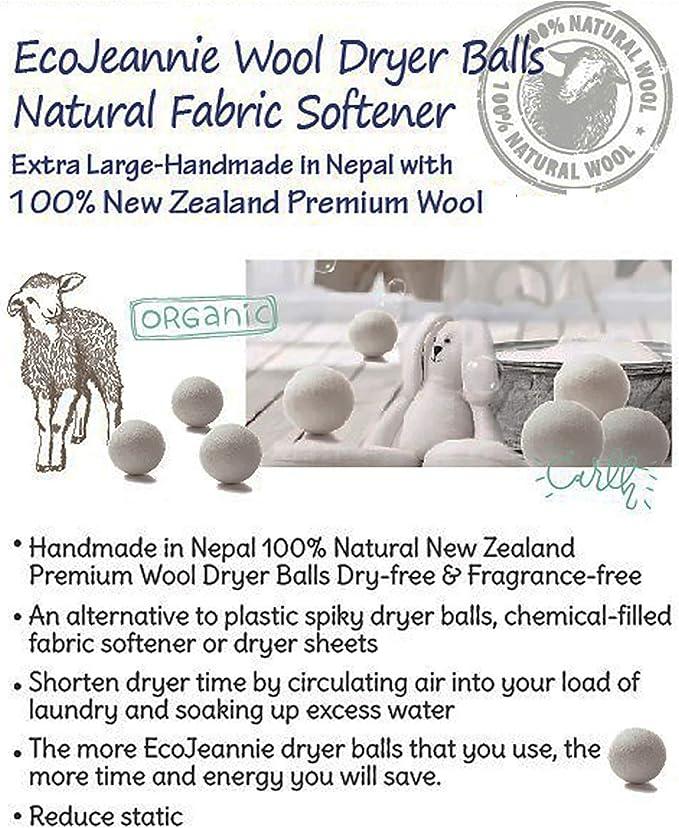 (WB0006-6 Pk Wool Dryer Balls - Premium XL Organic Eco-Friendly Natural Unscented Non-Toxic Felt Laundry Balls, Anti-Static, Chemical Free, Fabric Softener, 100% Natural New Zealand Wool