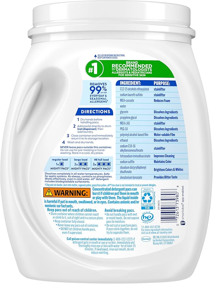 all Unit Dose Laundry Detergent, Mighty Pacs, Free Clear,66 Count (Pack of 4)