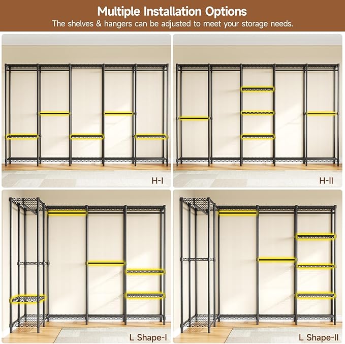 ONBRILL F5 Extra Large Industrial Pipe Clothing Rack, Freestanding Portable Closet Organizer System with Shelves & Hanging Rods, 88.6'' Wide Heavt Duty Clothes Rack, Max Load 1300lbs, Black