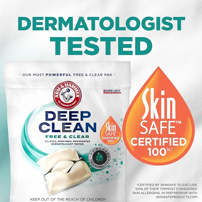 ARM & HAMMER Deep Clean Free & Clear Power Paks Concentrated Laundry Detergent, Free of Dyes, Perfumes and Phosphates, Dermatologist Tested, 32 Count