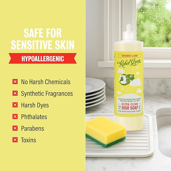 Rebel Green Super Deluxe Dish Soap - Plant-Derived Sustainable Dishwashing Soap - Peppermint & Lemon Scent - 16 fl oz - 2 Pack