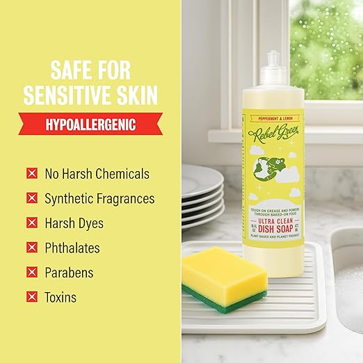 Rebel Green Super Deluxe Dish Soap - Natural Dishwashing Soap - Liquid Dish Detergent - Sustainable Dish Liquid Scented with Peppermint & Lemon - (16 oz Bottles, 1 Pack) - Packaging May Vary