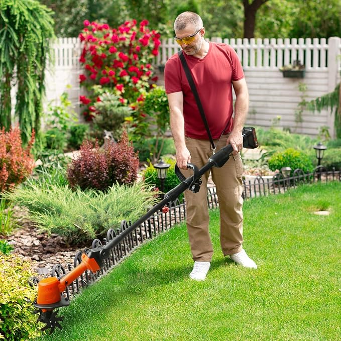 24V Cordless Tiller Cultivator, 4-Inch Tilling Width and Depth, Handheld with Extension Rod, 235 RPM Electric Garden Tiller, Lightweight 1.2kg Body, 2 × 1.5Ah Batteries & Charger.