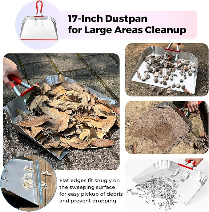2 Pack Metal Dust Pan 17" and 12", Aluminum Heavy Duty Dust Pans with Non-Slip Rubber Handle, Large and Small Dustpan Set, Lightweight for Sweeping, Garage, Leaf, Household & Outdoor Cleaning