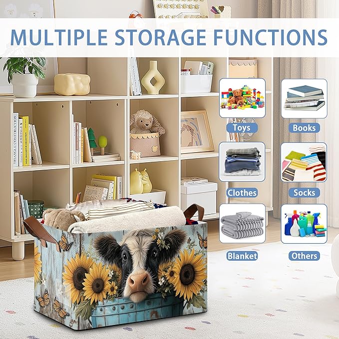 Wooden Highland Cow Storage Baskets,Butterfly Sunflower Foldable Large Capacity Organizer Bins with Waterproof Lining and Leather Handles for Closet,Shelf,Bedroom 17x11.5x10Inch