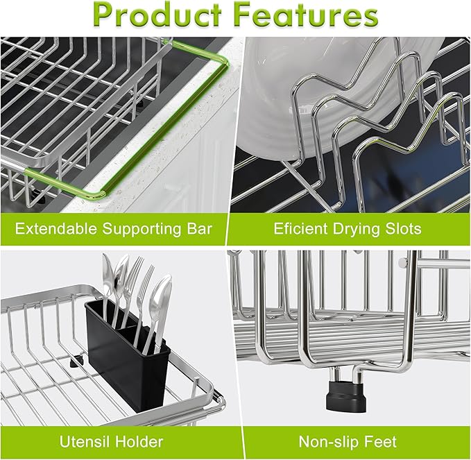JASIWAY Dish Drying Rack in Sink, Expandable Stainless Steel Dish Drainer for Kitchen Sink, Dish Strainer Rack, Retractable Over Sink Dish Rack with Utensil Holder, 13.4''~16.9''D x 12.2''W, Silver